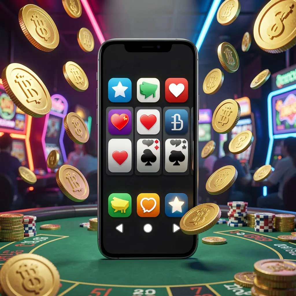 3S BD Android casino app concept displayed on a modern phone with app icons, surrounded by golden coins and slot symbols floating in a neon casino atmosphere, realistic 3D render 3S BD Android casino app concept displayed on a modern phone with app icons, surrounded by golden coins and slot symbols floating in a neon casino atmosphere, realistic 3D render