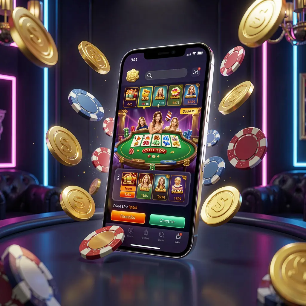3S BD online casino mobile app hero banner showing a modern smartphone with glowing casino interface, golden coins and poker chips flying around against a dark luxury background with neon accents 3S BD online casino mobile app hero banner showing a modern smartphone with glowing casino interface, golden coins and poker chips flying around against a dark luxury background with neon accents