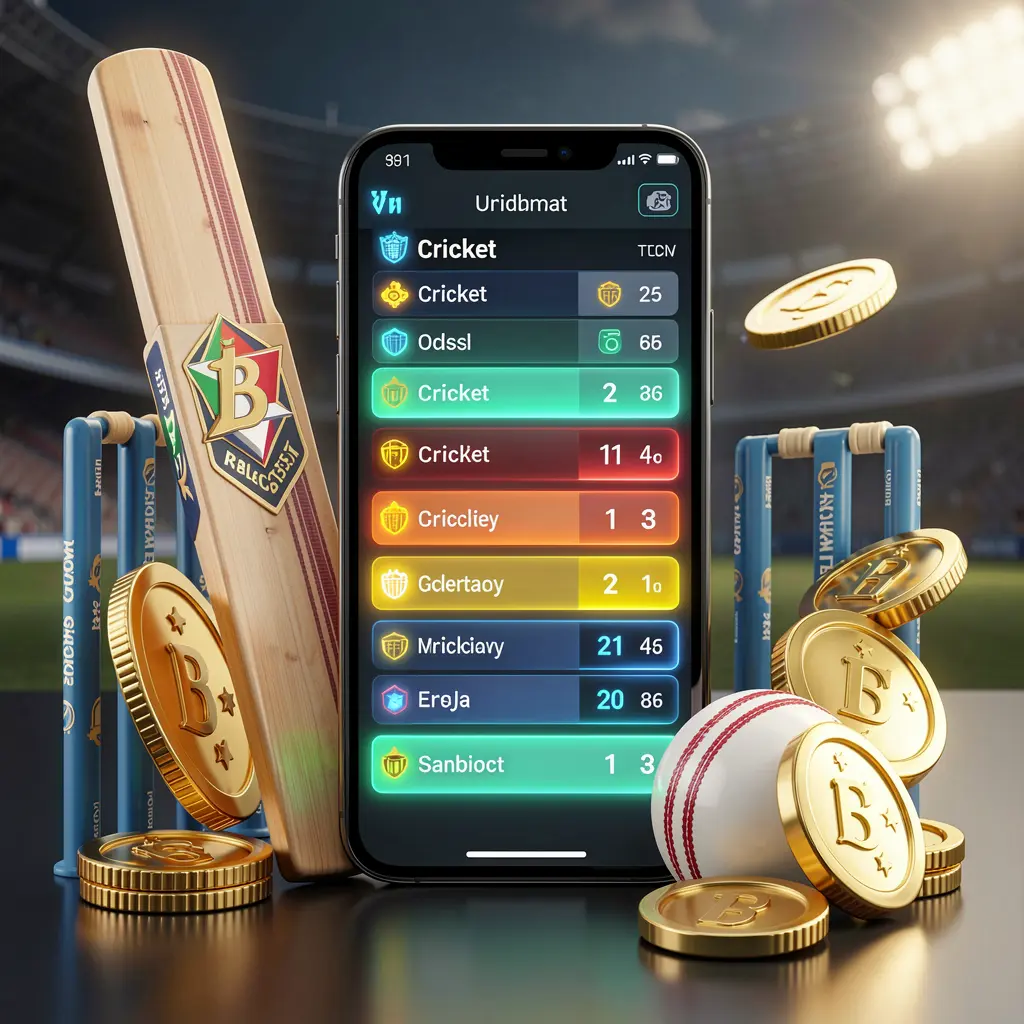 3S BD modern cricket betting visual with smartphone displaying glowing cricket odds interface, cricket bat, ball, wickets, and golden coins in premium 3D illustration 3S BD modern cricket betting visual with smartphone displaying glowing cricket odds interface, cricket bat, ball, wickets, and golden coins in premium 3D illustration