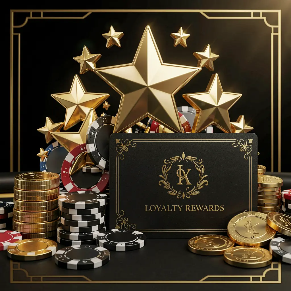 3S BD loyalty rewards casino image featuring golden stars, poker chips, coins, and a luxury reward card against an elegant black and gold background in a realistic 3D render 3S BD loyalty rewards casino image featuring golden stars, poker chips, coins, and a luxury reward card against an elegant black and gold background in a realistic 3D render