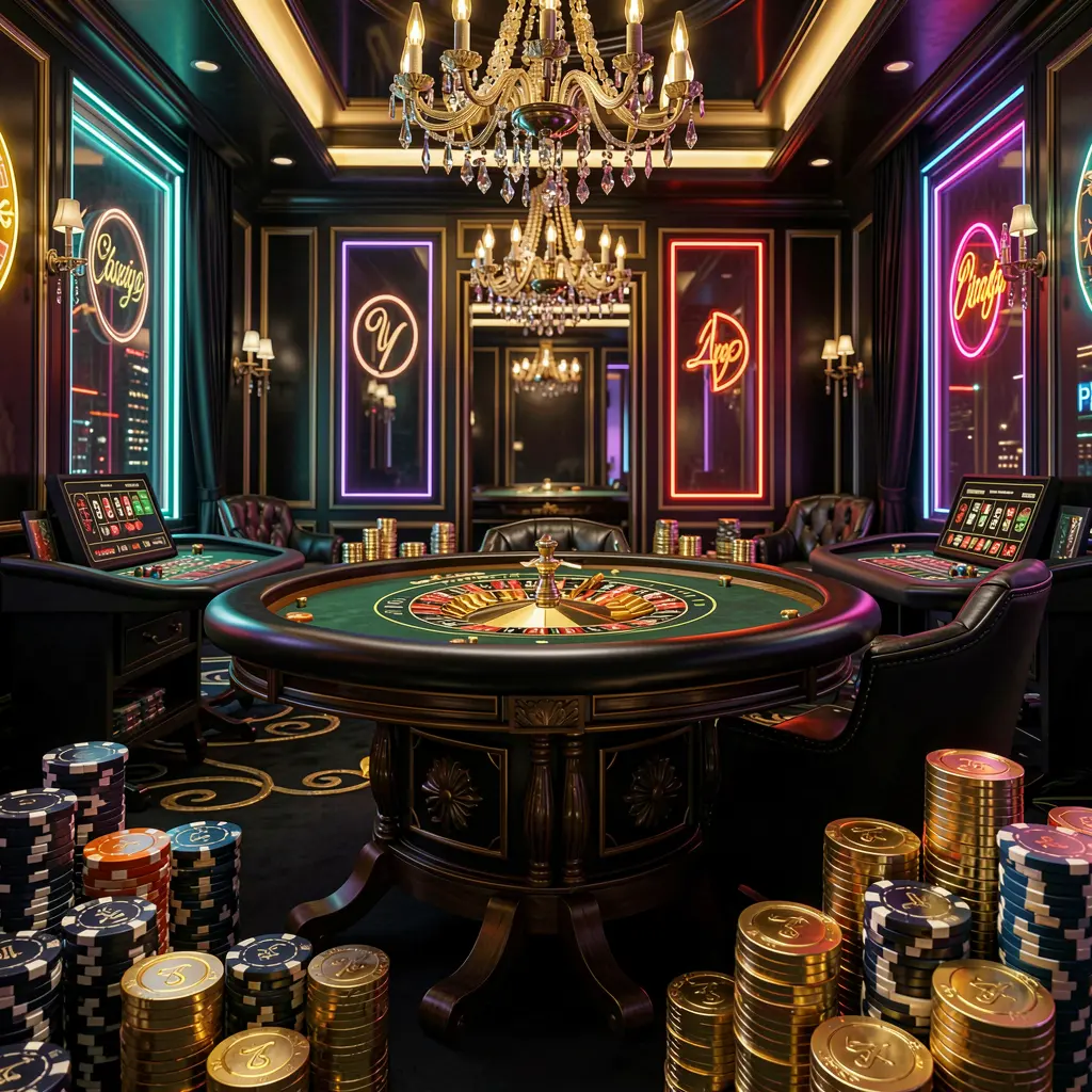 Luxury casino hall with roulette table, poker chips, and golden coins illuminated by glowing neon lights in a premium black and gold atmosphere, showcasing 3S BD's online casino experience Luxury casino hall with roulette table, poker chips, and golden coins illuminated by glowing neon lights in a premium black and gold atmosphere, showcasing 3S BD's online casino experience