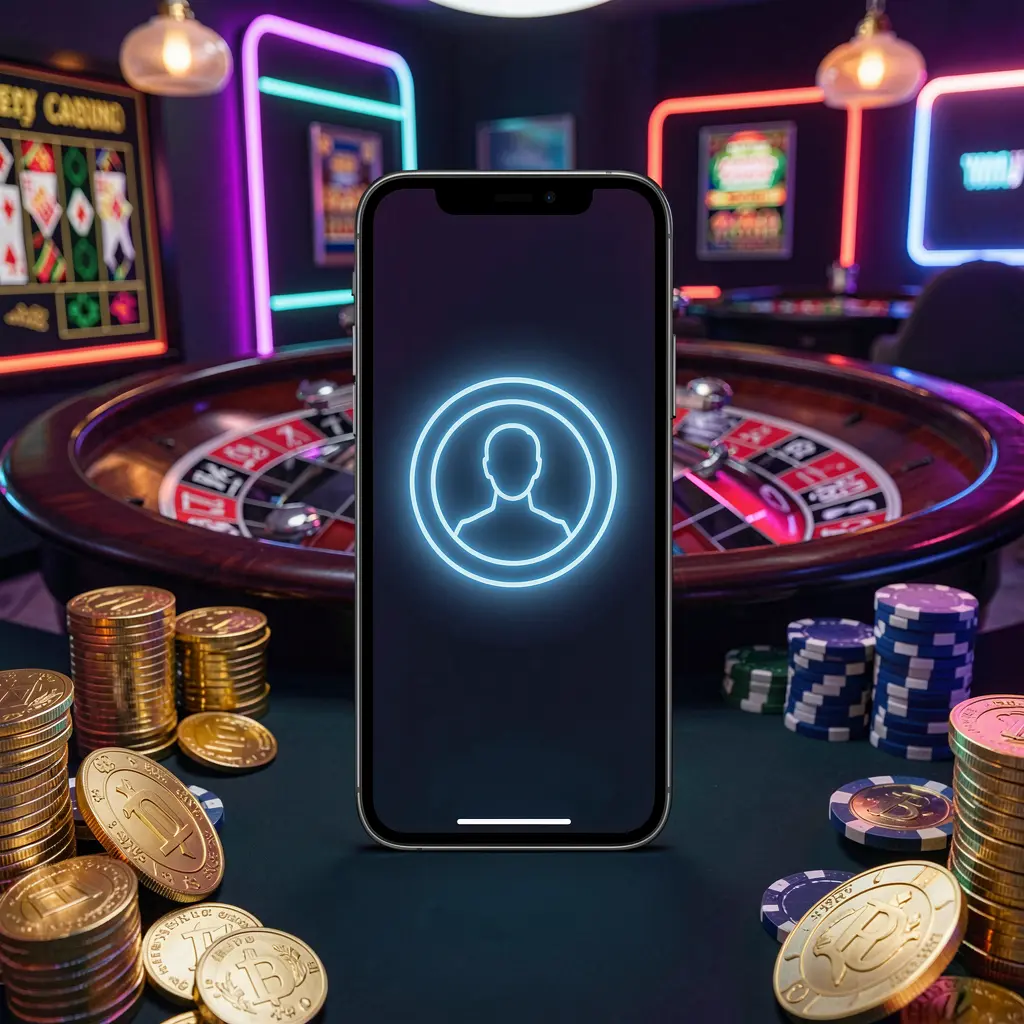 3S BD online casino login screen with a modern phone displaying a glowing profile icon, roulette lights in the background, and golden coins and poker chips in a premium dark neon atmosphere 3S BD online casino login screen with a modern phone displaying a glowing profile icon, roulette lights in the background, and golden coins and poker chips in a premium dark neon atmosphere