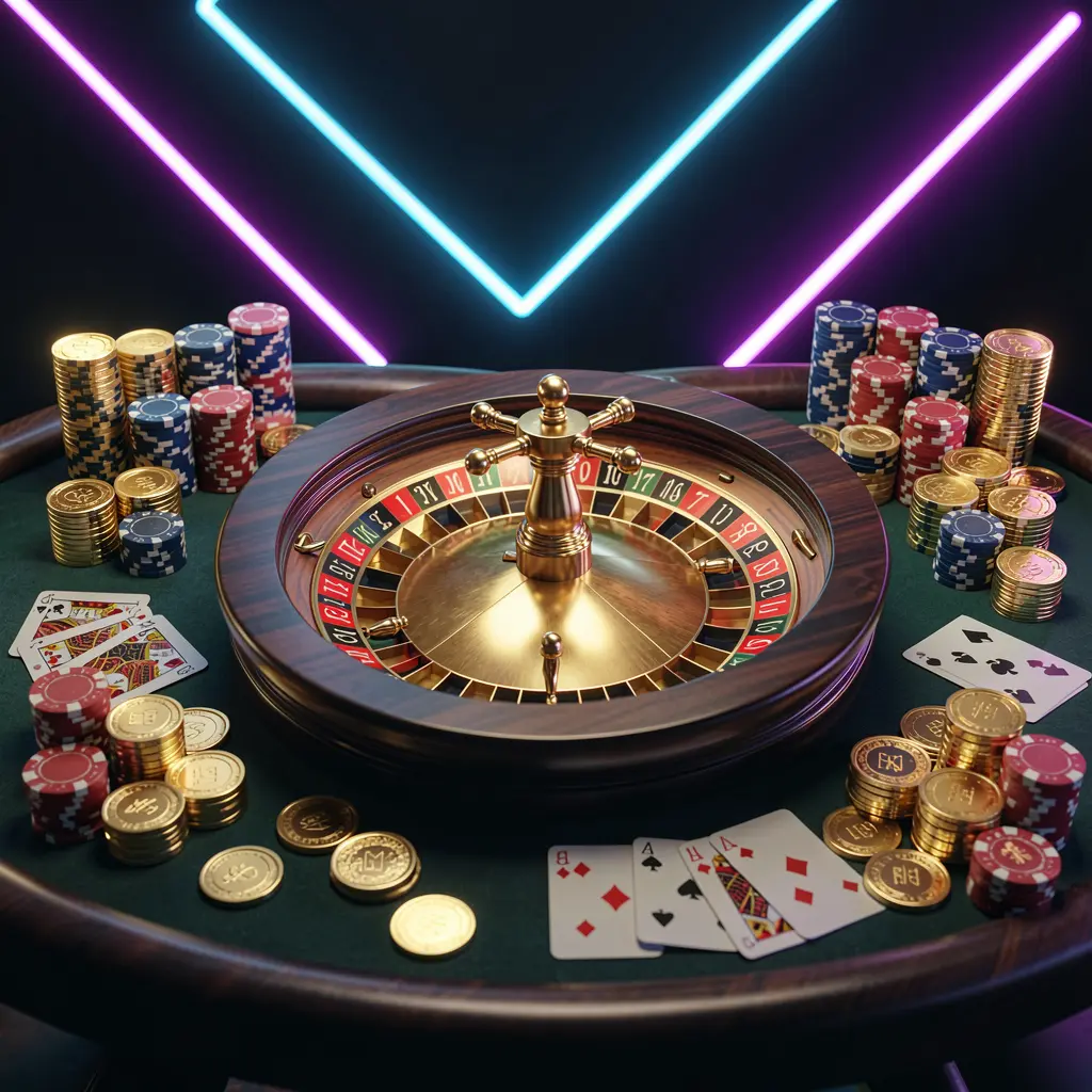 Luxury casino table with roulette wheel, poker chips, playing cards, and golden coins on a dark premium background with neon glow, showcasing 3S BD online casino homepage hero banner in cinematic 3D render Luxury casino table with roulette wheel, poker chips, playing cards, and golden coins on a dark premium background with neon glow, showcasing 3S BD online casino homepage hero banner in cinematic 3D render